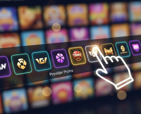 A sleek mobile online casino interface showing a user selecting a specific game provider from a horizontal list of logos to filter the available games.