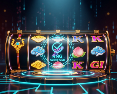 A premium Monkey King themed online slot machine interface with a glowing holographic seal of RNG certification, symbolizing game fairness and player trust.
