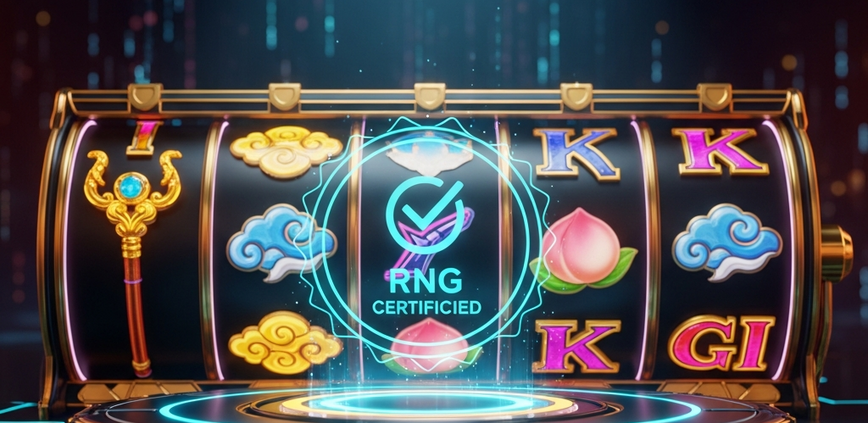 A premium Monkey King themed online slot machine interface with a glowing holographic seal of RNG certification, symbolizing game fairness and player trust.