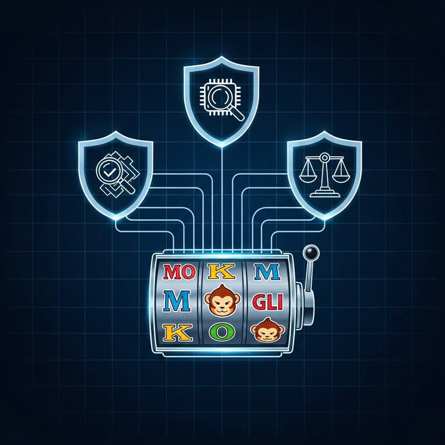 In-game info panel on a Monkey King slot showing certified RTP and testing lab details on Pirate777.