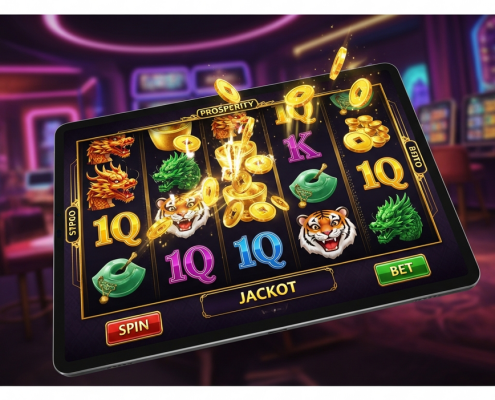 Dynamic Asian-themed slot machine interface with glowing reels and winning symbols on a mobile-first online casino platform, representing Lucky365 for Malaysian players.