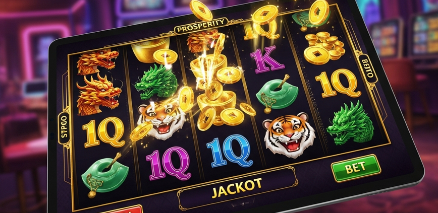 Dynamic Asian-themed slot machine interface with glowing reels and winning symbols on a mobile-first online casino platform, representing Lucky365 for Malaysian players.