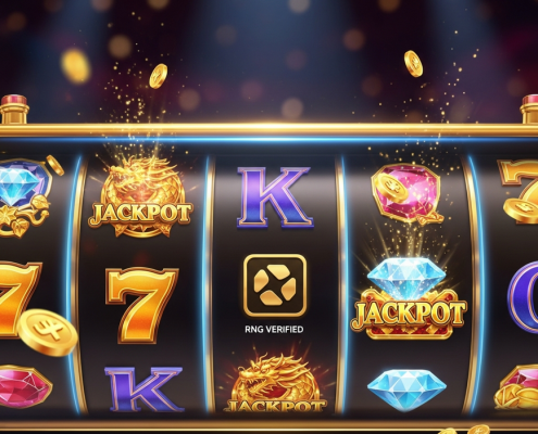 Vibrant progressive jackpot slot machine interface showing spinning reels with winning symbols, a prominent 97% RTP display, and celebratory effects on a premium online casino platform, indicating certified fairness.