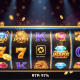 Vibrant progressive jackpot slot machine interface showing spinning reels with winning symbols, a prominent 97% RTP display, and celebratory effects on a premium online casino platform, indicating certified fairness.