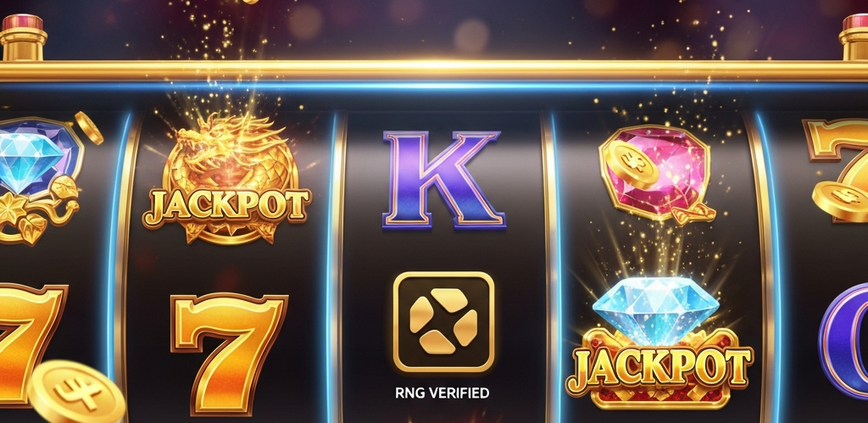Vibrant progressive jackpot slot machine interface showing spinning reels with winning symbols, a prominent 97% RTP display, and celebratory effects on a premium online casino platform, indicating certified fairness.