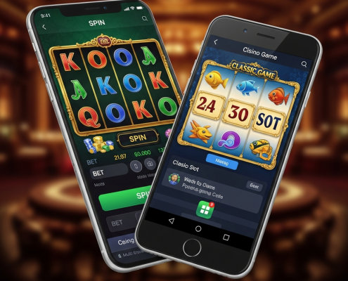 Split-screen image comparing a modern browser-based online casino interface on a smartphone (representing Lucky365) with a dedicated Android APK casino app interface (representing 918Kiss), showcasing their different access methods and game styles.