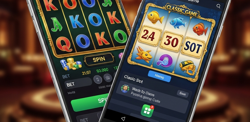 Split-screen image comparing a modern browser-based online casino interface on a smartphone (representing Lucky365) with a dedicated Android APK casino app interface (representing 918Kiss), showcasing their different access methods and game styles.