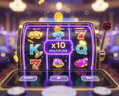 Vibrant online slot machine interface for Apollo x10 games, featuring a prominent 'x10 Multiplier' activation during a winning spin with glowing symbols and a premium digital casino background.