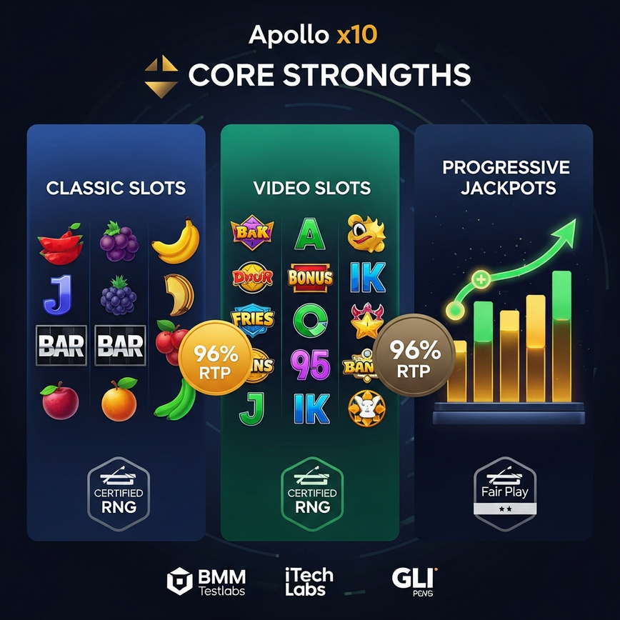 Apollo x10 lobby on Pirate777 — uniform 96% RTP display across the certified game library.
