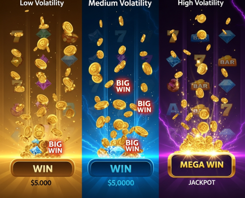 Dynamic online slot game interface visually representing low, medium, and high volatility with corresponding win animations and payout sizes, set in a modern casino environment.