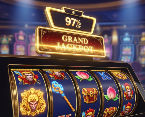 A dynamic, Monkey King themed online slot machine interface with glowing reels and a high 97% RTP display, set against a luxurious pirate casino background.