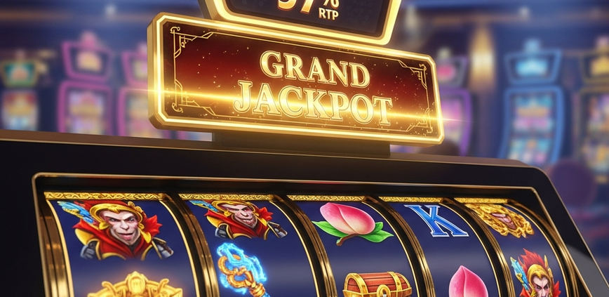 A dynamic, Monkey King themed online slot machine interface with glowing reels and a high 97% RTP display, set against a luxurious pirate casino background.