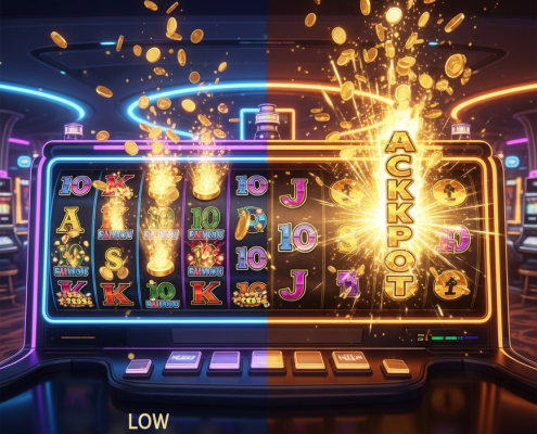 Split screen showing two online slot machine interfaces: one low volatility with frequent small wins, and one high volatility with a rare massive jackpot, illustrating the core difference between slot RTP and volatility.