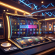 Vibrant online slot machine interface with a transparent overlay showing a stylized paytable, highlighting the payout gap between high and low-value symbols, set against a luxurious casino backdrop, representing slot volatility estimation.