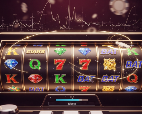 Vibrant online slot machine interface with spinning reels and a digital balance display, representing strategic bankroll management for small budgets and understanding slot volatility.