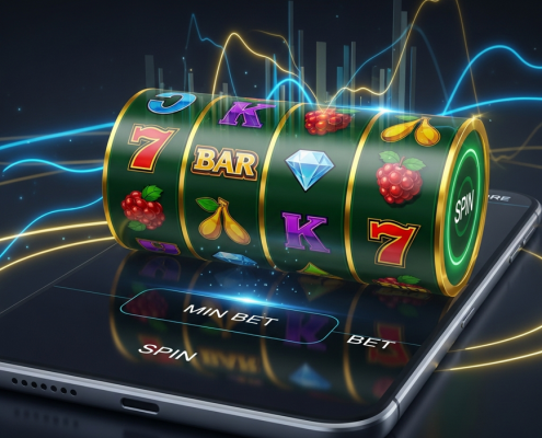 A vibrant, detailed online slot machine interface on a mobile screen, featuring spinning reels with winning symbols, a low minimum bet display, and abstract financial planning graphics in the background, representing budget-friendly Lucky365 slots and bankroll management.