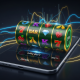 A vibrant, detailed online slot machine interface on a mobile screen, featuring spinning reels with winning symbols, a low minimum bet display, and abstract financial planning graphics in the background, representing budget-friendly Lucky365 slots and bankroll management.