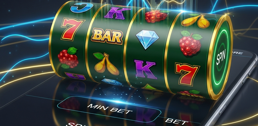 A vibrant, detailed online slot machine interface on a mobile screen, featuring spinning reels with winning symbols, a low minimum bet display, and abstract financial planning graphics in the background, representing budget-friendly Lucky365 slots and bankroll management.