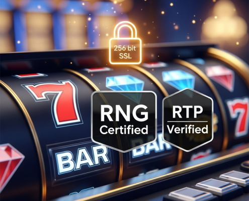 Dynamic online slot machine interface with 'RNG Certified' and 'RTP Verified' badges, a secure padlock icon, and vibrant winning symbols, representing Lucky365 slots on a premium online casino platform.