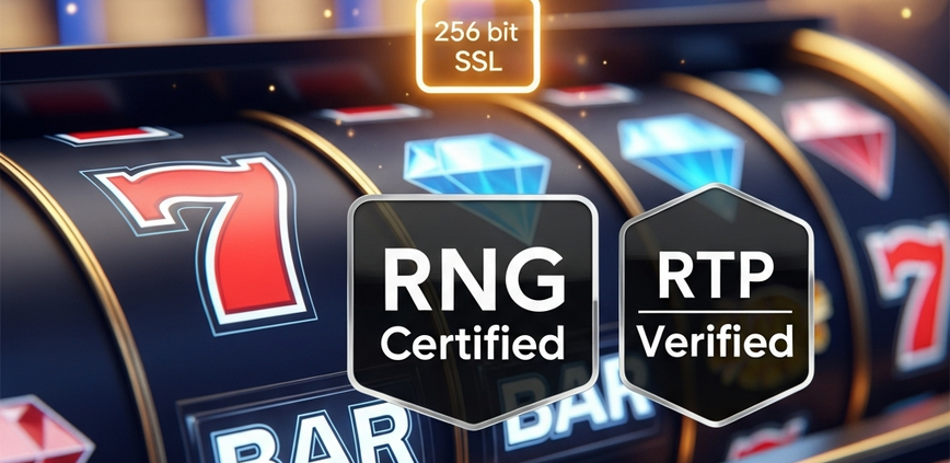 Dynamic online slot machine interface with 'RNG Certified' and 'RTP Verified' badges, a secure padlock icon, and vibrant winning symbols, representing Lucky365 slots on a premium online casino platform.