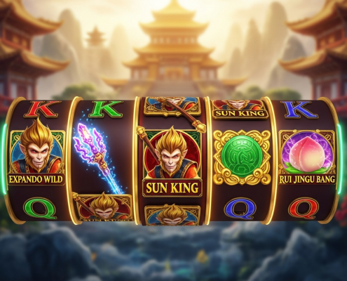 A luxurious and vibrant Monkey King themed online slot machine interface with spinning reels showing mythical symbols like Sun Wukong and his staff, set against a golden temple background.