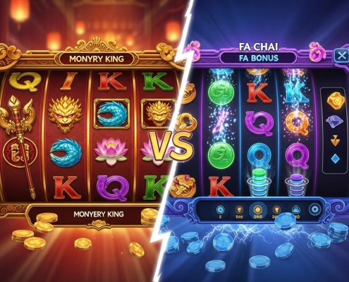 A dynamic split-screen image comparing two online slot styles: the left shows a classic Monkey King theme with red and gold, the right shows a modern Fa Chai theme with neon colors and complex features.