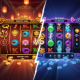 A dynamic split-screen image comparing two online slot styles: the left shows a classic Monkey King theme with red and gold, the right shows a modern Fa Chai theme with neon colors and complex features.