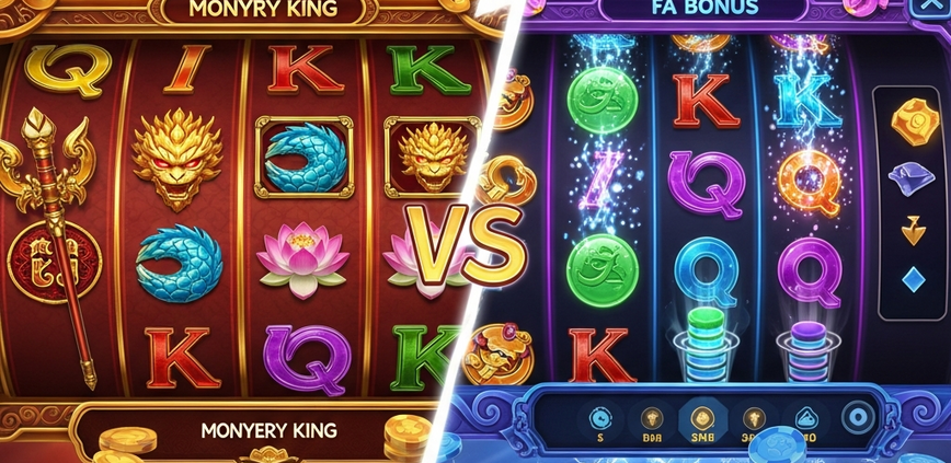 A dynamic split-screen image comparing two online slot styles: the left shows a classic Monkey King theme with red and gold, the right shows a modern Fa Chai theme with neon colors and complex features.