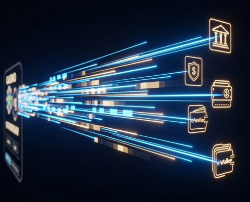 A high-tech visualization of the DuitNow payment rail, showing glowing streams of data moving instantly from a casino interface to bank and eWallet icons, symbolizing fast and secure withdrawals.
