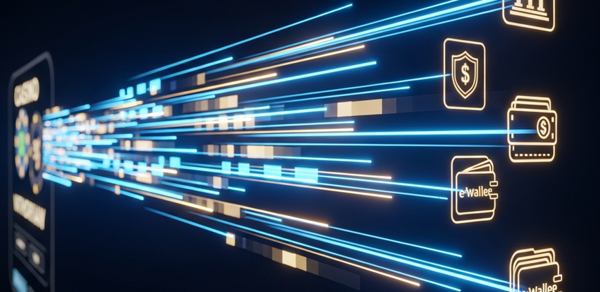 A high-tech visualization of the DuitNow payment rail, showing glowing streams of data moving instantly from a casino interface to bank and eWallet icons, symbolizing fast and secure withdrawals.