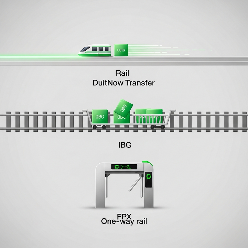Untuk membezakan secara visual tiga rel pembayaran Malaysia yang dibincangkan dalam artikel: DuitNow Transfer masa nyata, IBG berasaskan kelompok yang lebih perlahan, dan FPX transaksional.