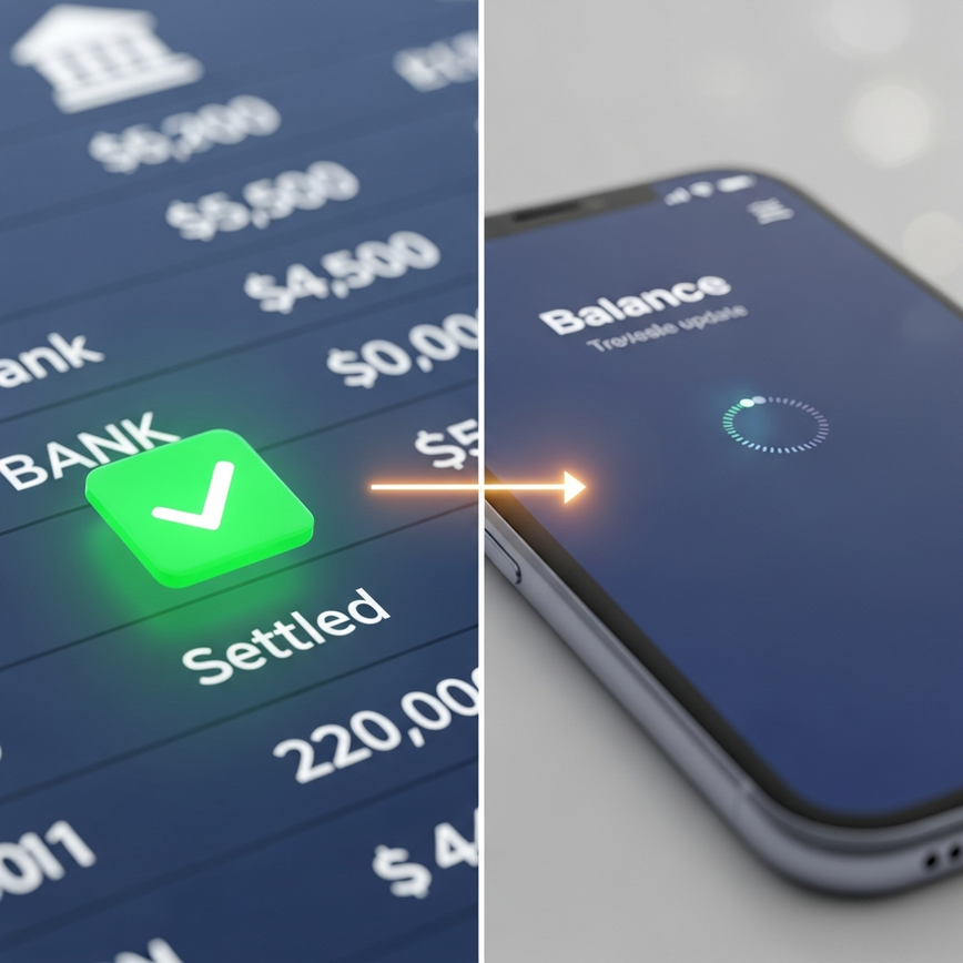 Untuk menggambarkan dua peringkat terakhir pengeluaran, menunjukkan perbezaan antara transaksi yang diselesaikan pada lejar bank dan baki yang dikemas kini pada apl mudah alih pengguna.