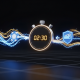 A high-tech 3D render illustrating fast online casino withdrawal speeds, with a digital stopwatch showing 2.3 minutes and data flowing from a casino chip to an e-wallet.