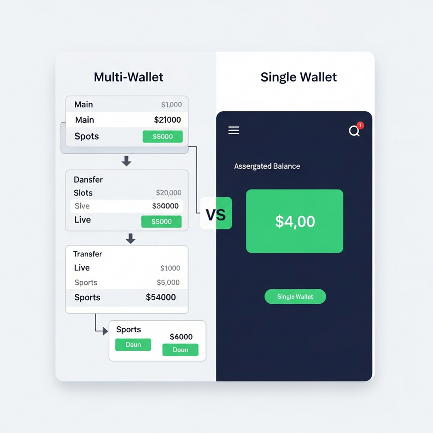 Untuk membandingkan secara visual sistem dompet berbilang yang menyusahkan dalam platform lama (Kategori A & B) dengan seni bina dompet tunggal yang diperkemas dan mesra pengguna (Kategori C).