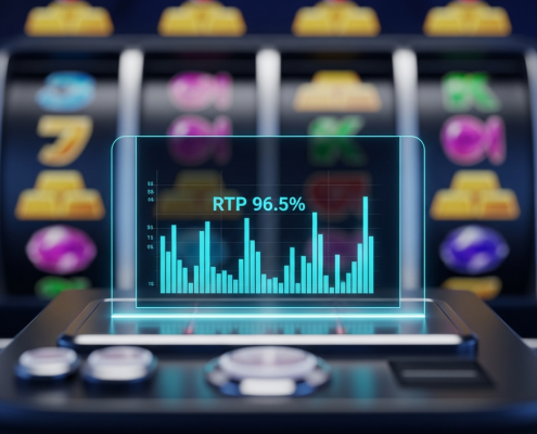 A sophisticated online slot machine interface with a glowing digital overlay showing an RTP percentage and data graph, symbolizing fairness and transparency in online gaming.