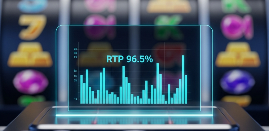A sophisticated online slot machine interface with a glowing digital overlay showing an RTP percentage and data graph, symbolizing fairness and transparency in online gaming.