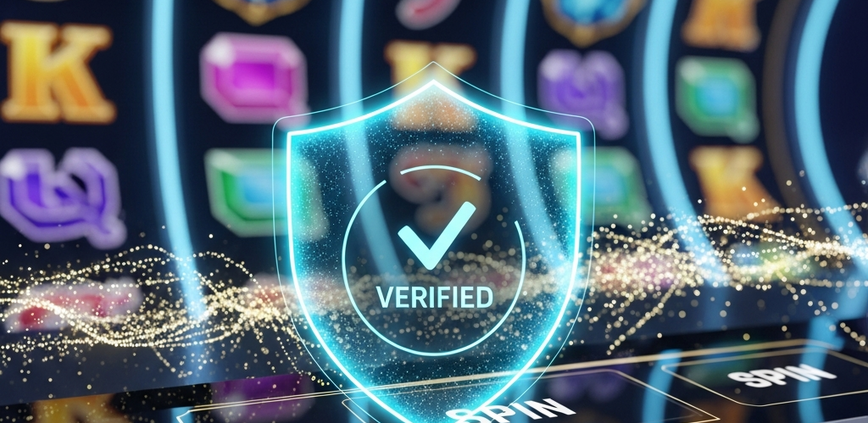 A futuristic slot machine interface with a glowing digital shield and checkmark, symbolizing the certified RNG fairness of PG Soft games.
