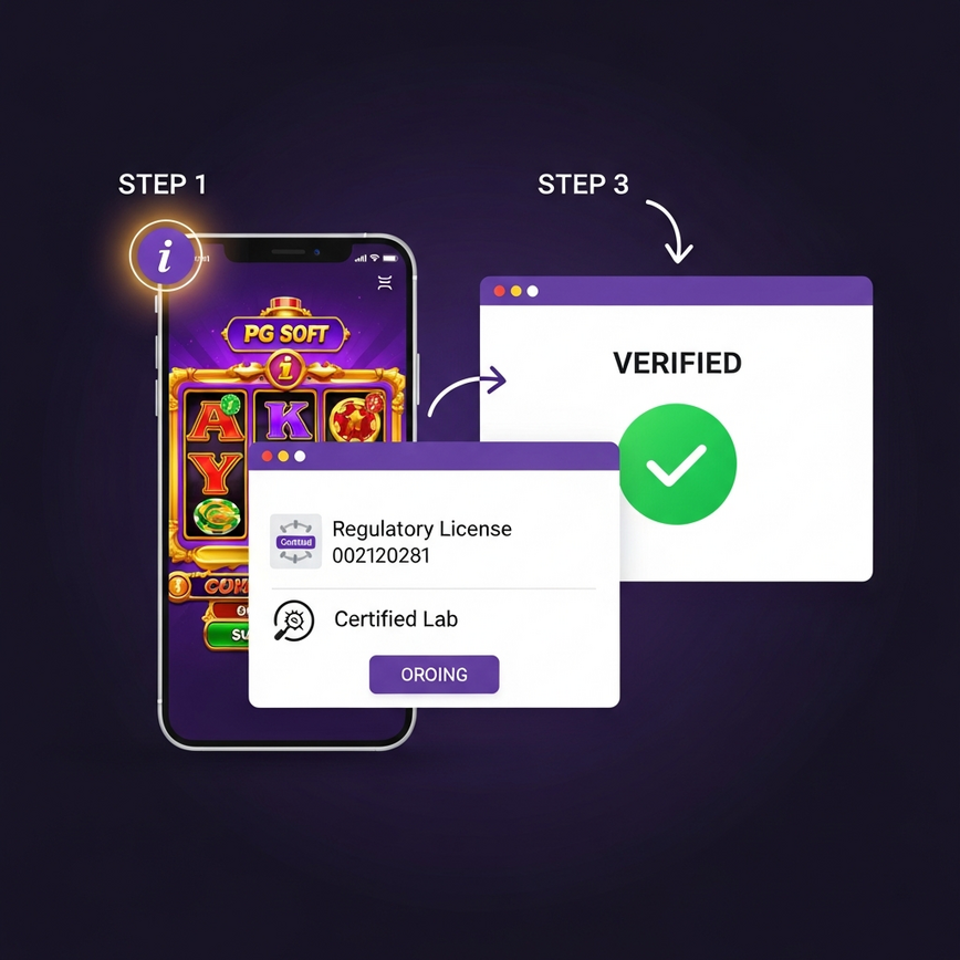 Panduan visual langkah demi langkah yang menunjukkan cara pemain boleh mengesahkan pensijilan RNG sesuatu slot terus daripada menu dalam permainan pada peranti mudah alih, menjadikan prosesnya jelas dan boleh dilaksanakan.