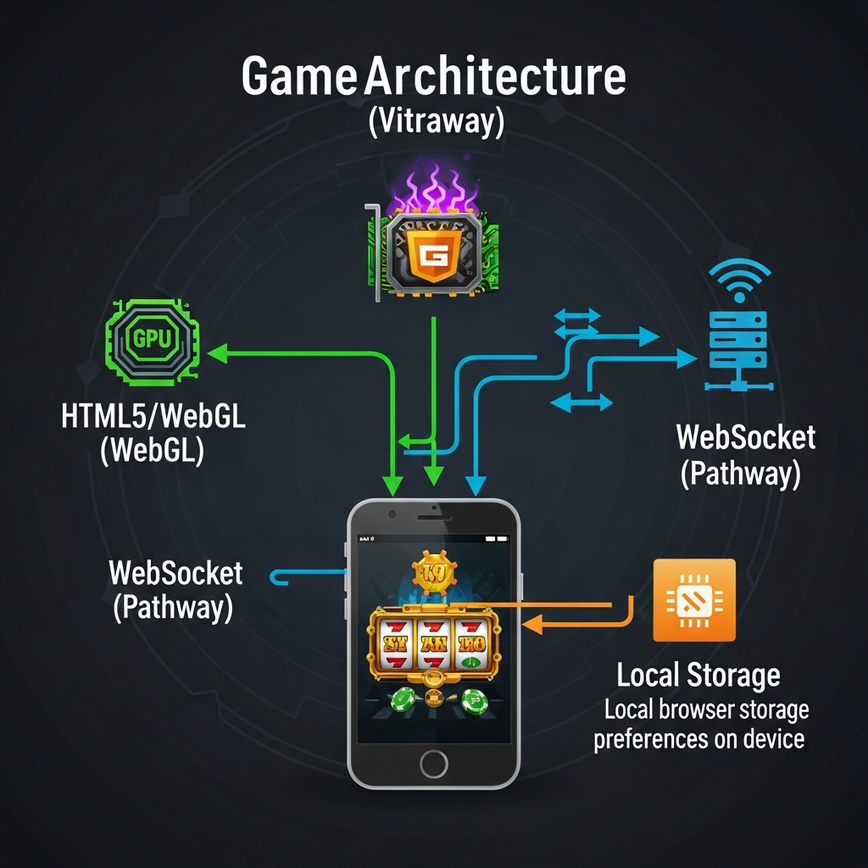 Untuk menjelaskan secara visual tiga teknologi teras — HTML5/WebGL, WebSocket, dan Local Storage — yang menggerakkan slot berasaskan pelayar.