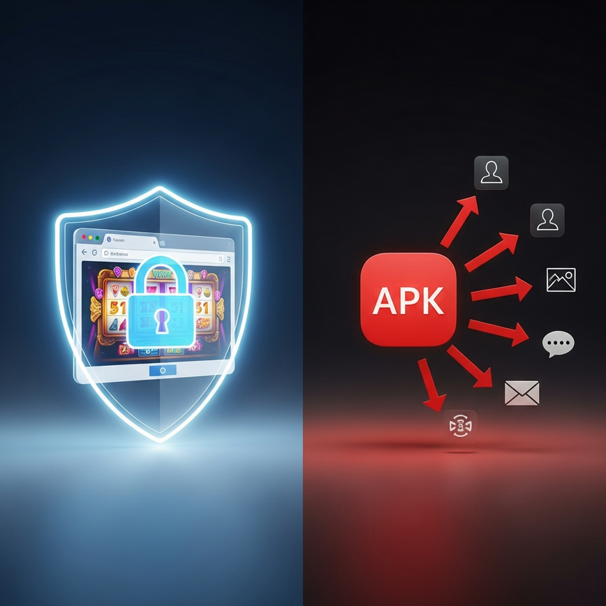 Untuk membandingkan secara visual keselamatan tinggi model sandbox pelayar berbanding risiko privasi data yang berpotensi apabila memasang APK pihak ketiga.