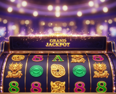 A luxurious online slot machine with a Chinese fortune theme, showing glowing dragon and jade coin symbols on the reels during a celebratory jackpot win.