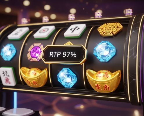 A premium online slot machine interface celebrating a win with glowing Mahjong, Caishen, and Aztec gem symbols. A digital display prominently shows a high 97% RTP, set against a luxurious casino background.