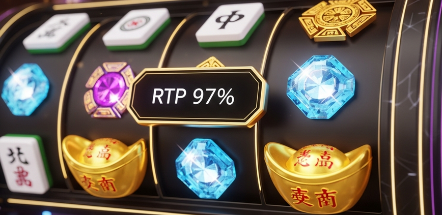 A premium online slot machine interface celebrating a win with glowing Mahjong, Caishen, and Aztec gem symbols. A digital display prominently shows a high 97% RTP, set against a luxurious casino background.