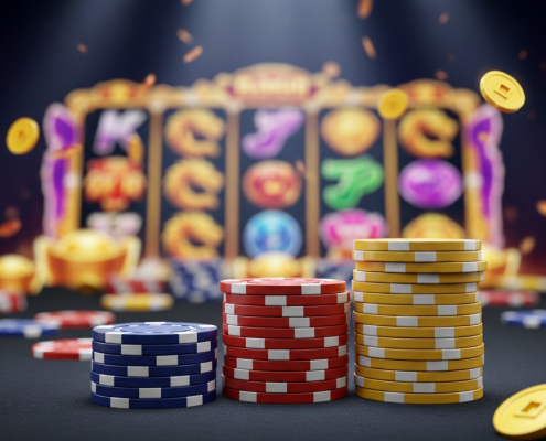 Three stacks of casino chips representing different budget tiers for Malaysian players, set against a vibrant online slot machine interface with glowing Asian-themed symbols, illustrating strategic bankroll management.