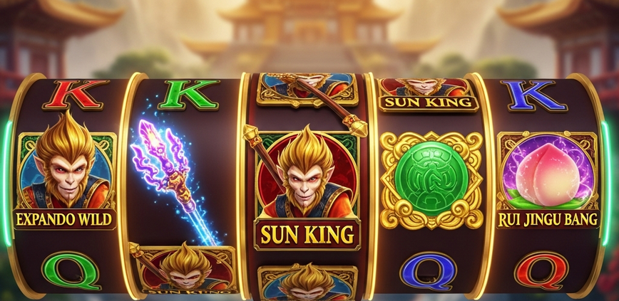 A luxurious and vibrant Monkey King themed online slot machine interface with spinning reels showing mythical symbols like Sun Wukong and his staff, set against a golden temple background.
