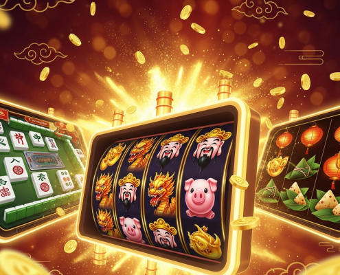 A vibrant collage of Chinese fortune-themed online slot games, featuring Caishen, Mahjong tiles, and golden ingots, representing a premium collection for Malaysian casino players.