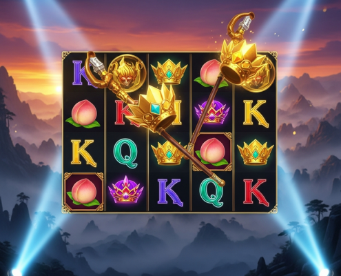 A vibrant and detailed Monkey King themed online slot machine interface, showcasing glowing mythological symbols on the reels against a mystical mountain backdrop, representing a budget-friendly gaming experience.