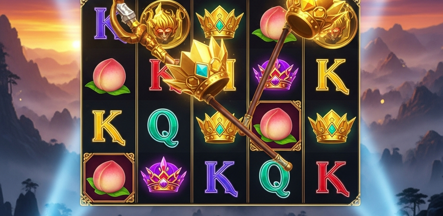 A vibrant and detailed Monkey King themed online slot machine interface, showcasing glowing mythological symbols on the reels against a mystical mountain backdrop, representing a budget-friendly gaming experience.