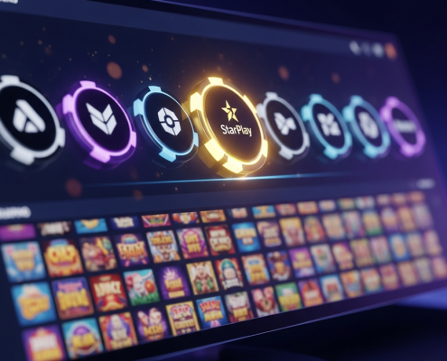 A sophisticated online casino interface showing a row of game provider chips, with one chip labeled 'StarPlay' highlighted in gold to illustrate filtering the game library.