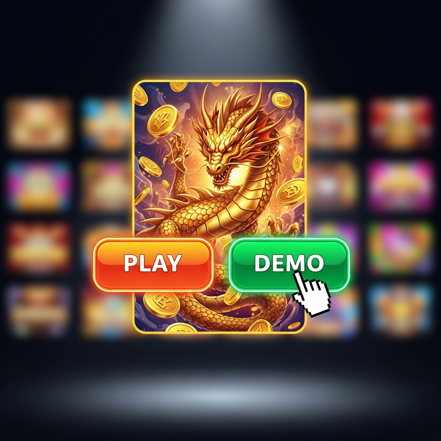 Imej yang menggambarkan ciri "Mod Demo" dengan jelas, menunjukkan antara muka pengguna di mana pemain boleh memilih antara permainan wang sebenar dan mod main percuma untuk sesuatu permainan.